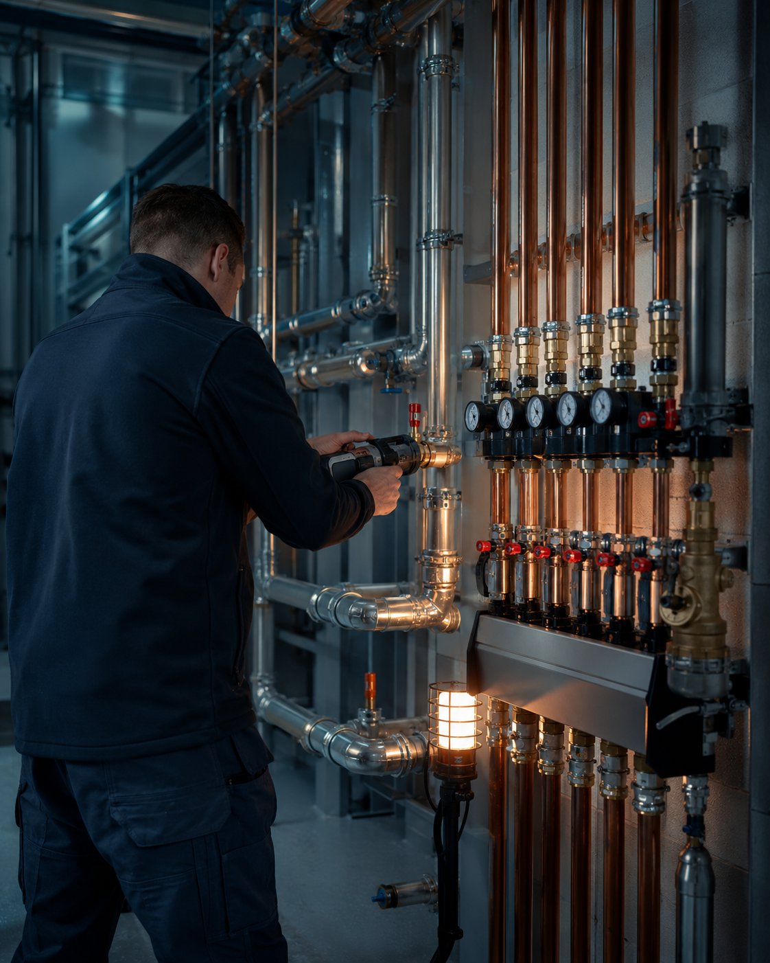 AquaGuard PRO engineer press-fitting pipework on a commercial plant-room manifold